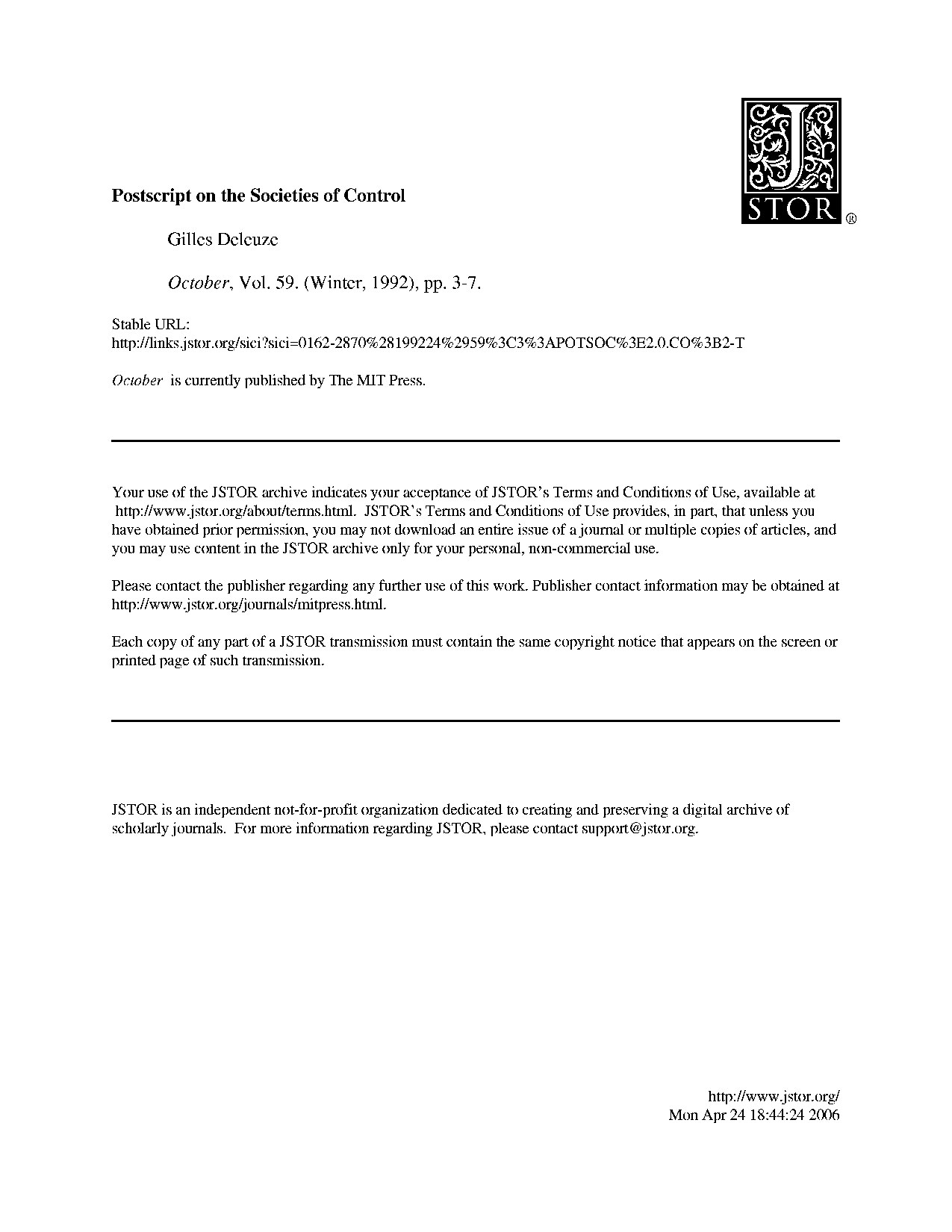 Postscript on the Societies of Control -- Gilles Deleuze -- October, 1992 -- MIT -- bad80a8fbb2f6185c397837396a748b2 -- Anna’s Archive