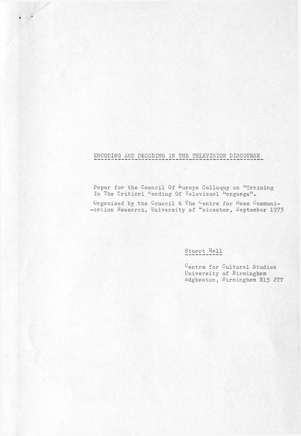 Encoding and decoding in the television discourse